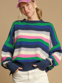 Contrast Striped Round Neck Long Sleeve Sweater - 1985 the VAULT Boutique