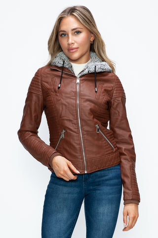 YMI Faux Layered Double-Zipper Jacket with Fuzzy Hood - 1985 the VAULT Boutique