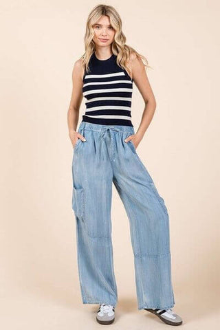 Mittoshop Washed Elastic Waist Cargo Wide Leg Pants - 1985 the VAULT Boutique