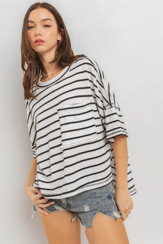 Ces Femme Side Slit Striped Round Neck Half Sleeve T-Shirt - 1985 the VAULT Boutique