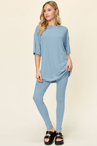 Double Take Full Size Round Neck Dropped Shoulder T-Shirt and Leggings Set - 1985 the VAULT Boutique