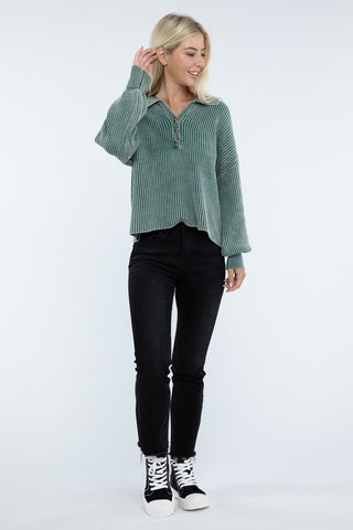 Washed Collared Henley Sweater - 1985 the VAULT Boutique