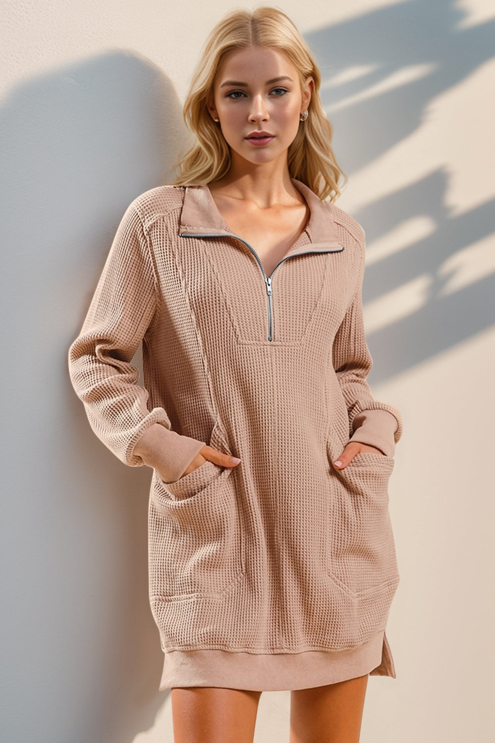 Double Take Waffle Long Sleeve Mini Dress with Pockets