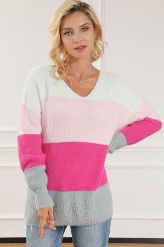 Color Block V-Neck Dropped Shoulder Sweater - 1985 the VAULT Boutique