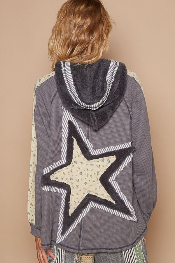 POL Half Zip Up Fleece Mix Back Star Patch Hoodie - 1985 the VAULT Boutique