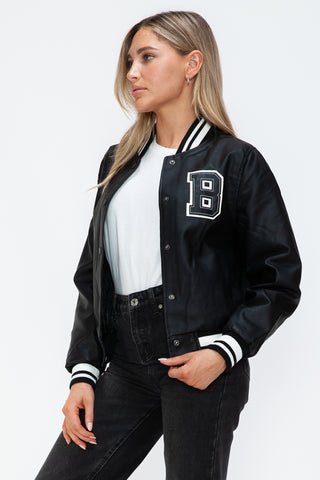 Love Me Now PU Leather Contrast Snap Down Bomber Jacket - 1985 the VAULT Boutique