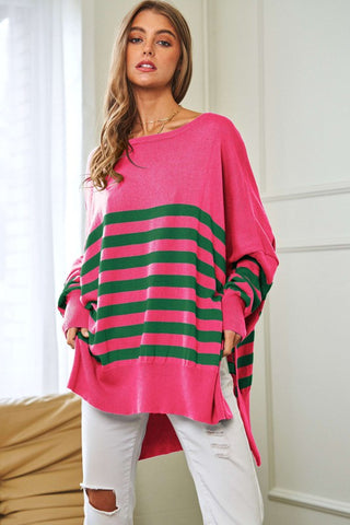 Multi Striped Elbow Patch Loose Fit Sweater Top - 1985 the VAULT Boutique