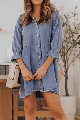 Distressed Collared Neck Flounce Sleeve Denim Dress - 1985 the VAULT Boutique