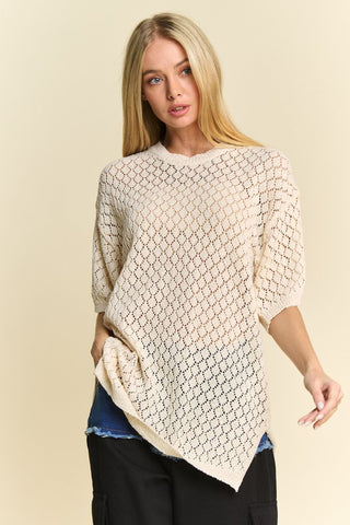 Davi & Dani Side Slit Openwork Round Neck Half Sleeve Knit Cover Up - 1985 the VAULT Boutique