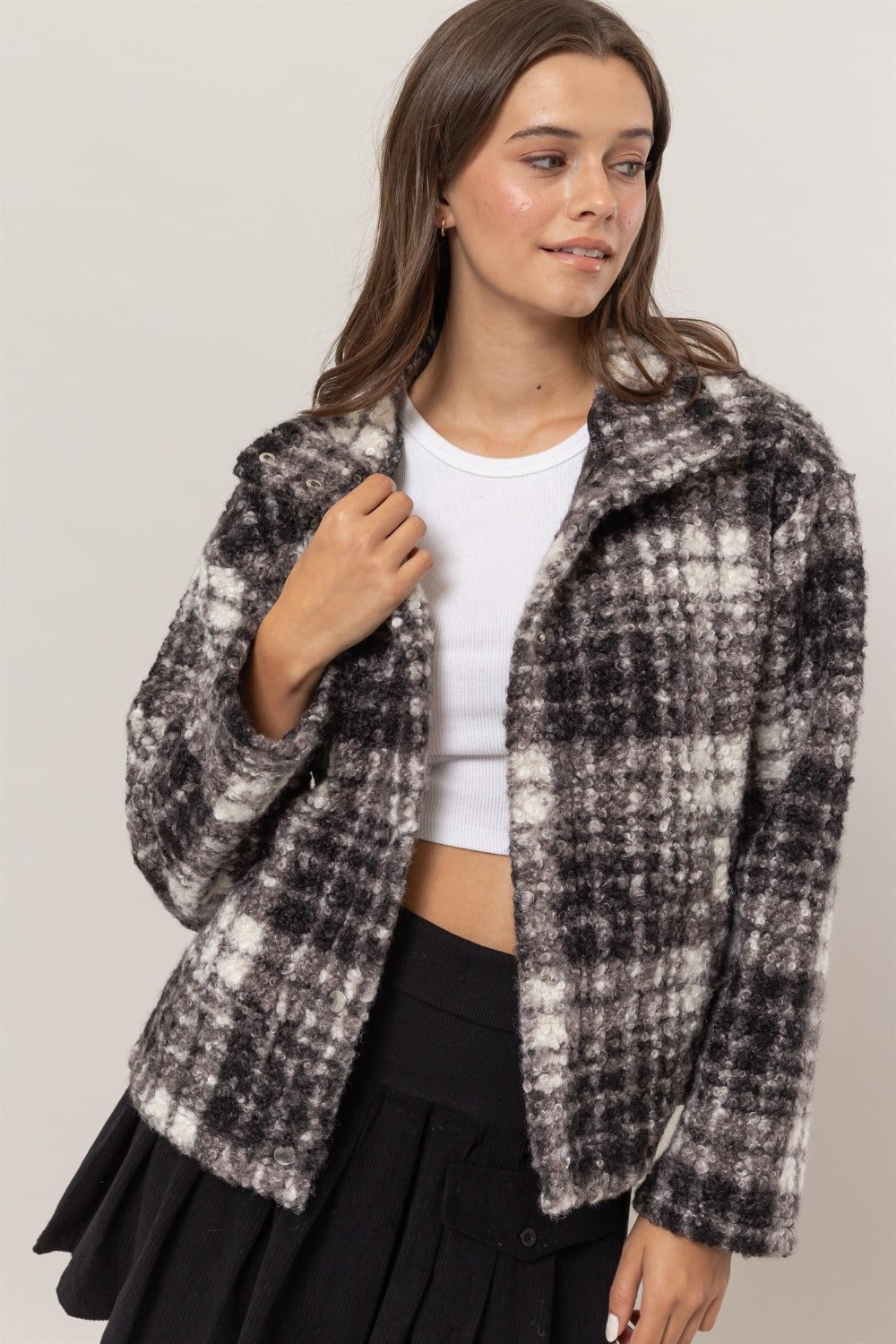 HYFVE Plaid Collared Neck Boucle Jacket with Pockets - 1985 the VAULT Boutique