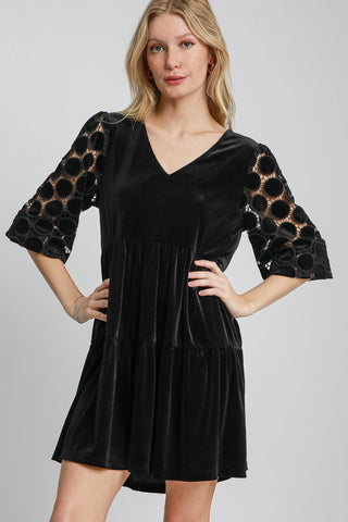 Umgee Dotted Lace Sleeve Tiered Velvet Mini Dress - 1985 the VAULT Boutique