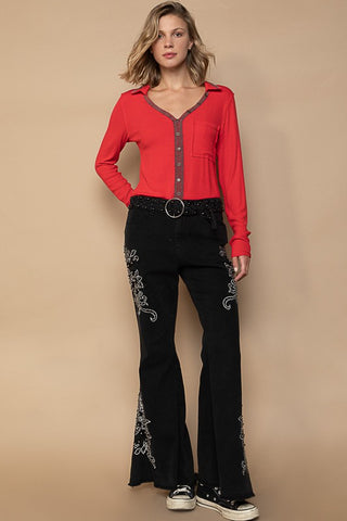 POL Raw Hem Embroidered Flare Pants - 1985 the VAULT Boutique