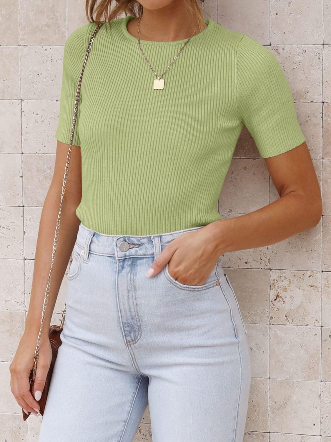 Mandy Basic Ribbed Round Neck Short Sleeve Knit Top - 1985 the VAULT Boutique