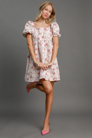 Umgee Heart Jacquard Square Neck Puff Sleeve Mini Dress - 1985 the VAULT Boutique