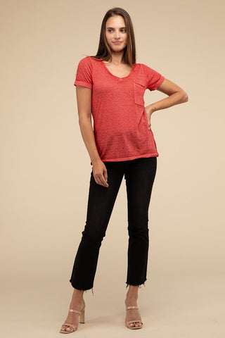 Basic Washed Melange Burnout Scoop V-Neck Top - 1985 the VAULT Boutique