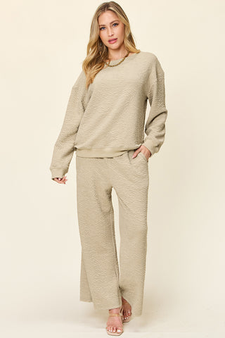 Double Take Full Size Texture Long Sleeve Top and Pants Set - 1985 the VAULT Boutique