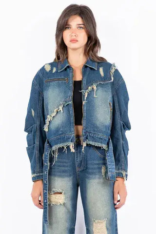 American Bazi Distressed Frayed Edge Zip Up Denim Jacket - 1985 the VAULT Boutique