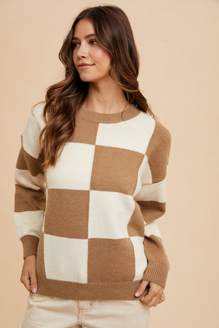 Annie Wear Checkered Round Neck Dropped Shoulder Sweater - 1985 the VAULT Boutique