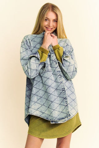 Davi & Dani Curved Hem Diamond Quilted Button Up Denim Shacket - 1985 the VAULT Boutique