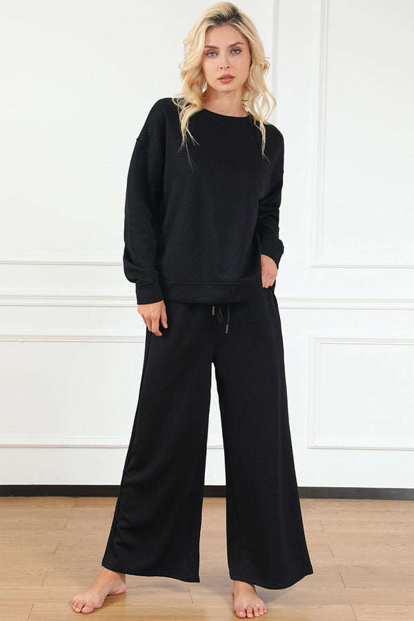 Double Take Full Size Textured Long Sleeve Top and Drawstring Pants Set - 1985 the VAULT Boutique