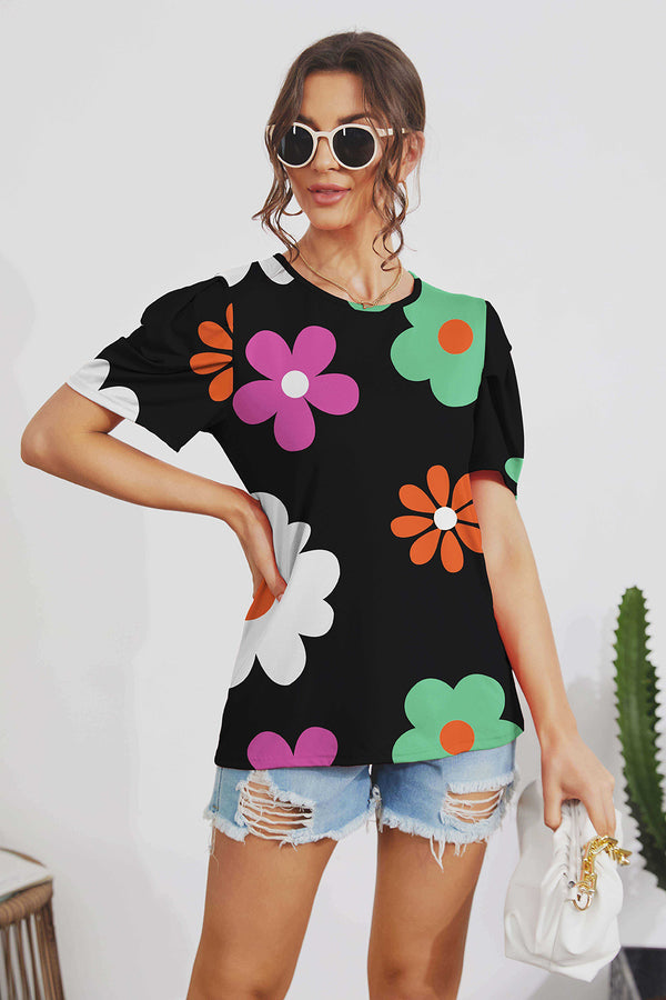 FAM-FAM Flower Round Neck Short Sleeve Blouse - 1985 the VAULT Boutique