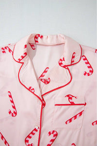 Candy Cane Collared Neck Long Sleeve Top and Shorts Lounge Set - 1985 the VAULT Boutique