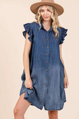 Mittoshop Washed Chambray Ruffle Sleeve Buttoned Mini Dress - 1985 the VAULT Boutique