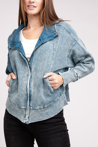 Acid Wash Cotton Waffle Hooded Zip-Up Jacket - 1985 the VAULT Boutique