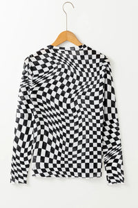 Checkered Mock Neck Long Sleeve Blouse - 1985 the VAULT Boutique