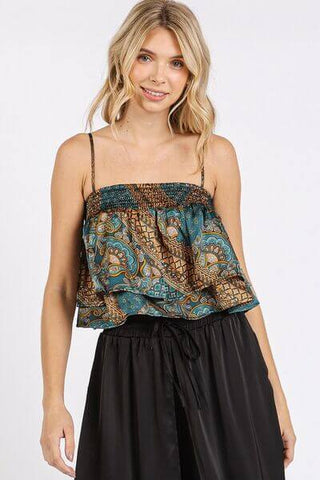 Mittoshop Paisley Patchwork Print Satin Ruffle Crop Cami - 1985 the VAULT Boutique