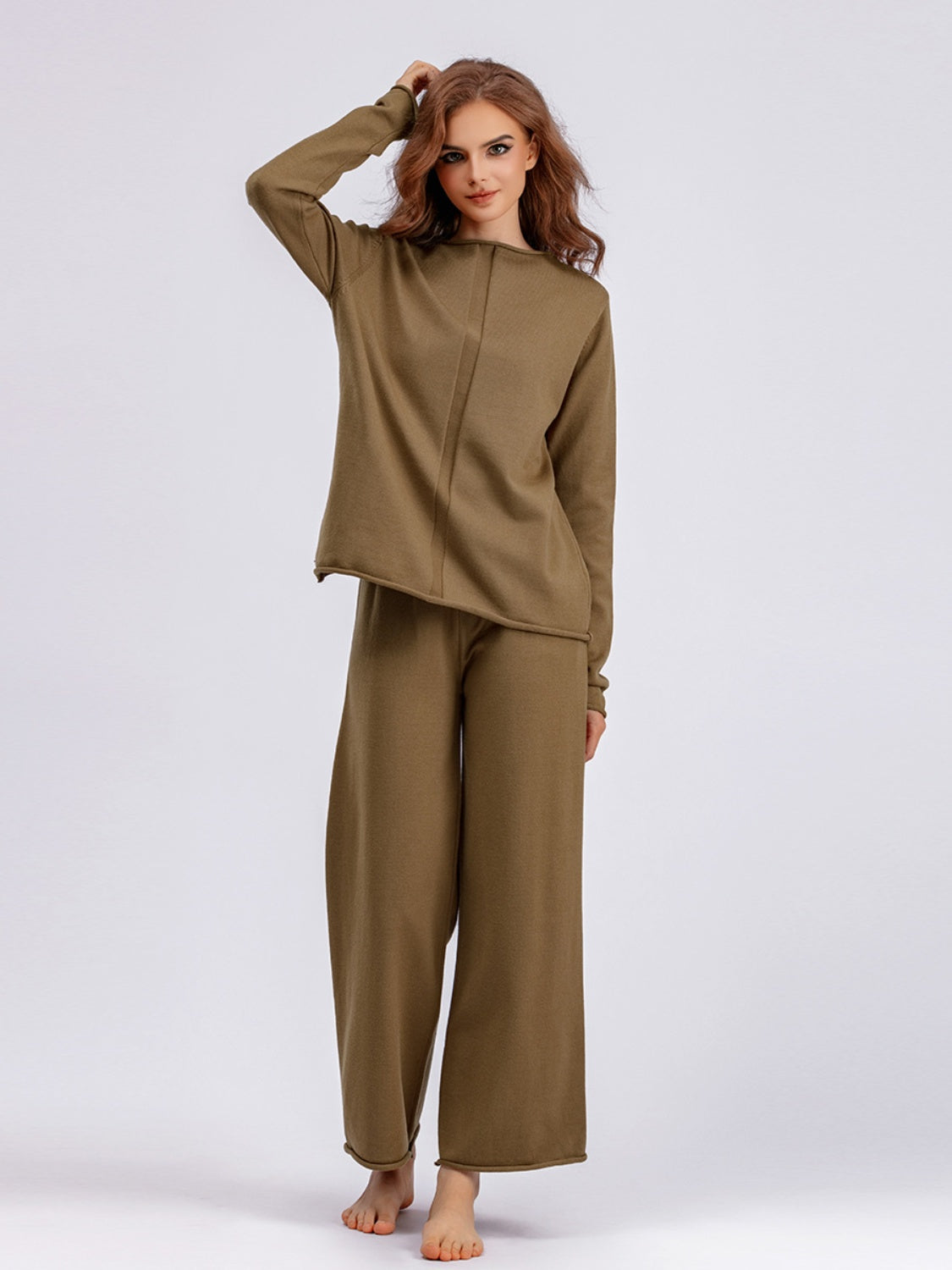 Basic Bae Rolled Round Neck Top and Pants Sweater Set - 1985 the VAULT Boutique