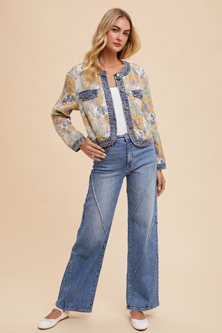 Annie Wear Floral Jacquard Denim Contrast Button Down Jacket - 1985 the VAULT Boutique