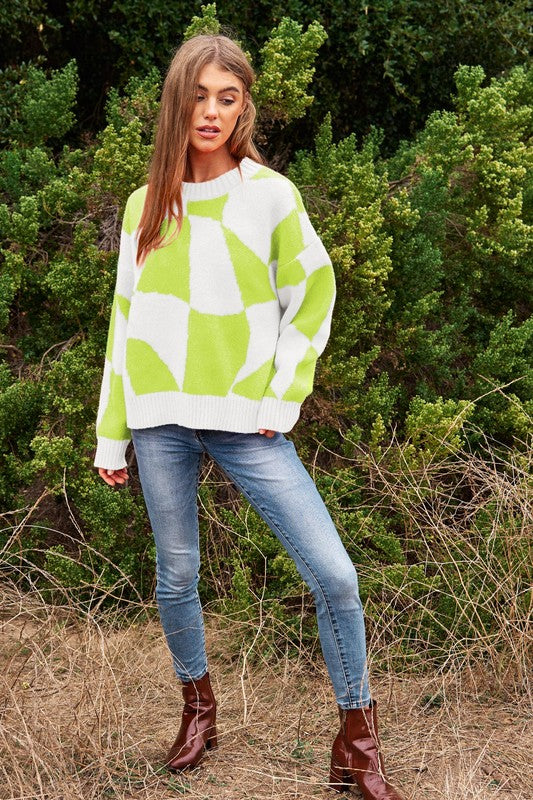 Multi Geo Checker Pullover Knit Sweater Top - 1985 the VAULT Boutique