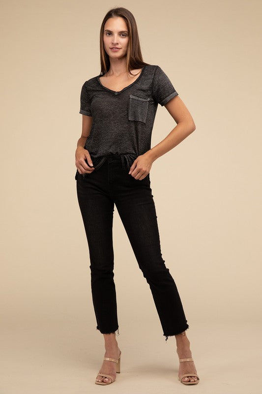 Basic Washed Melange Burnout Scoop V-Neck Top - 1985 the VAULT Boutique