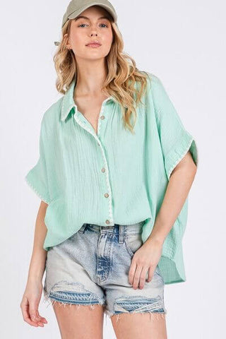 SAGE+FIG Boho Contrast Zigzag Trim Gauze Button-Up Shirt - 1985 the VAULT Boutique