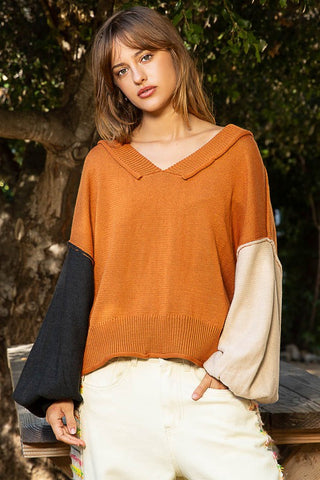 POL Exposed Seam Roll Edge Color Block V Neck Sweater - 1985 the VAULT Boutique