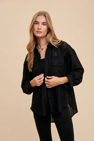 Annie Wear Openwork Button Down Drop Shoulder Shirt - 1985 the VAULT Boutique