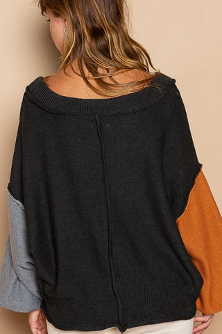 POL Exposed Seam Roll Edge Color Block V Neck Sweater - 1985 the VAULT Boutique