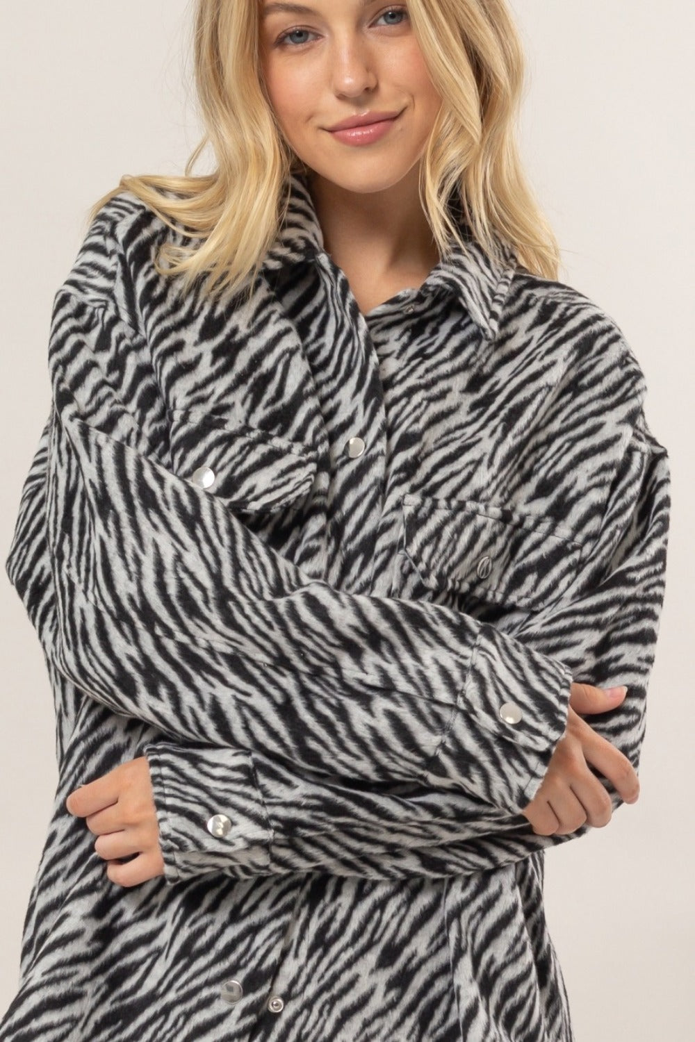 HYFVE Zebra Print Snap Down Long Sleeve Shacket - 1985 the VAULT Boutique