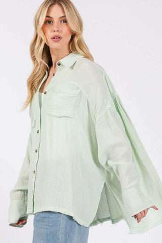 SAGE + FIG Frayed Hem Side Slit Button Down Shirt - 1985 the VAULT Boutique