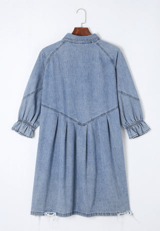 Distressed Collared Neck Flounce Sleeve Denim Dress - 1985 the VAULT Boutique