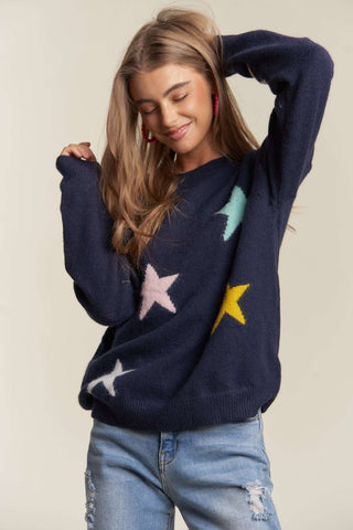 ADORA Stars Pattern Round Neck Drop Shoulder Sweater - 1985 the VAULT Boutique