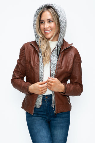 YMI Faux Layered Double-Zipper Jacket with Fuzzy Hood - 1985 the VAULT Boutique