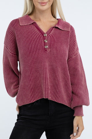 Washed Collared Henley Sweater - 1985 the VAULT Boutique