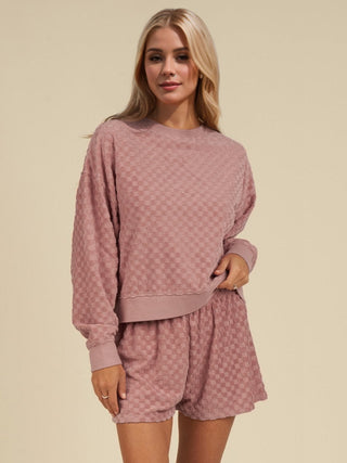 OH Checkered Round Neck Long Sleeve Top and Shorts Set - 1985 the VAULT Boutique