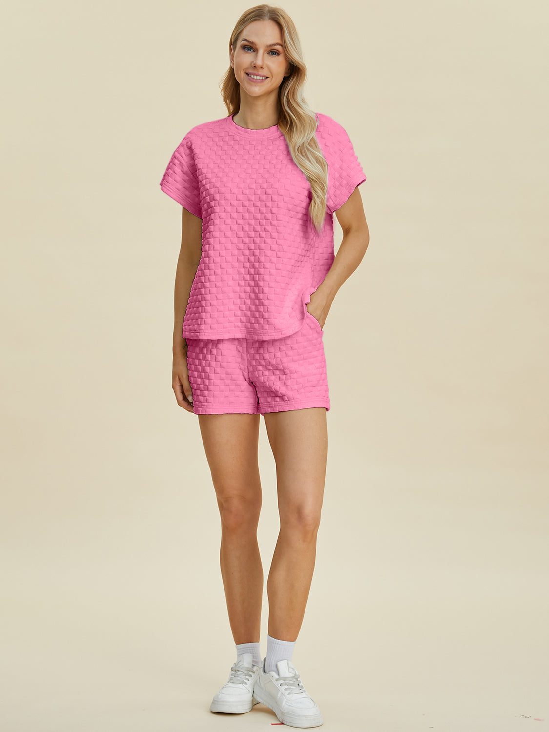 Double Take Full Size Texture T-Shirt and Shorts Set - 1985 the VAULT Boutique