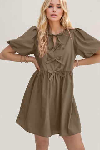 Oh Bow Ruched Puff Sleeve Mini Dress - 1985 the VAULT Boutique