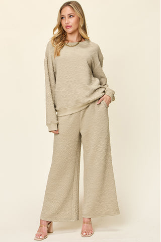 Double Take Full Size Texture Long Sleeve Top and Pants Set - 1985 the VAULT Boutique