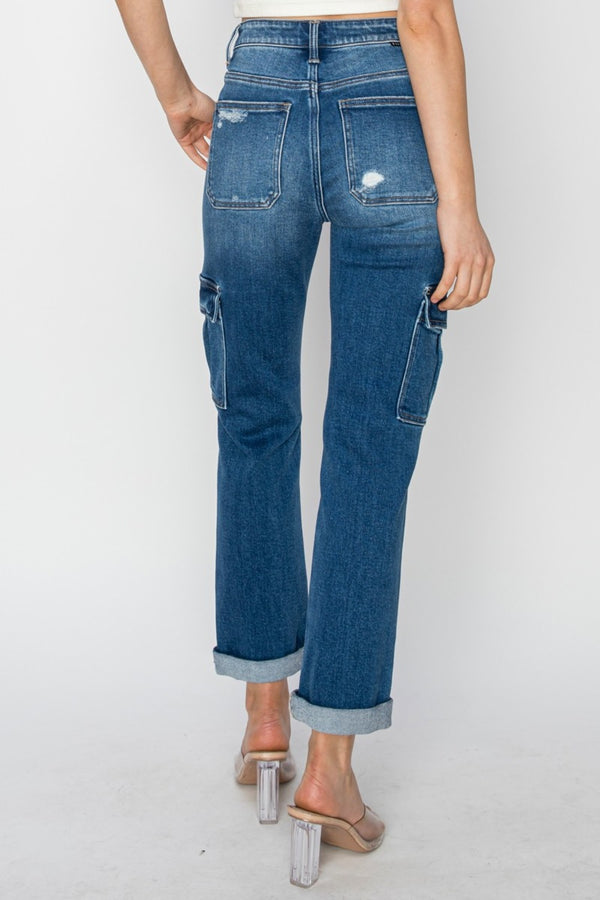 RISEN Full Size High Rise Cargo Ankle Roll Up Straight Jeans - 1985 the VAULT Boutique