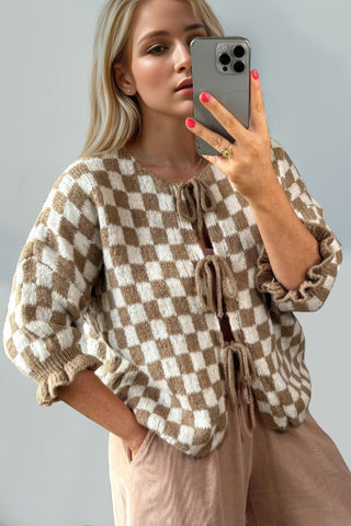 Double Take Tied Checkered Dropped Shoulder Flounce Sleeve Cardigan - 1985 the VAULT Boutique